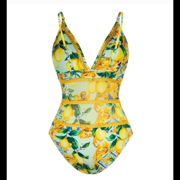 FLAXMAKER Lemons & Tiles Bathing / Swimsuit One Piece w/ Sarong Wrap Sz S / M - Picture 4 of 7